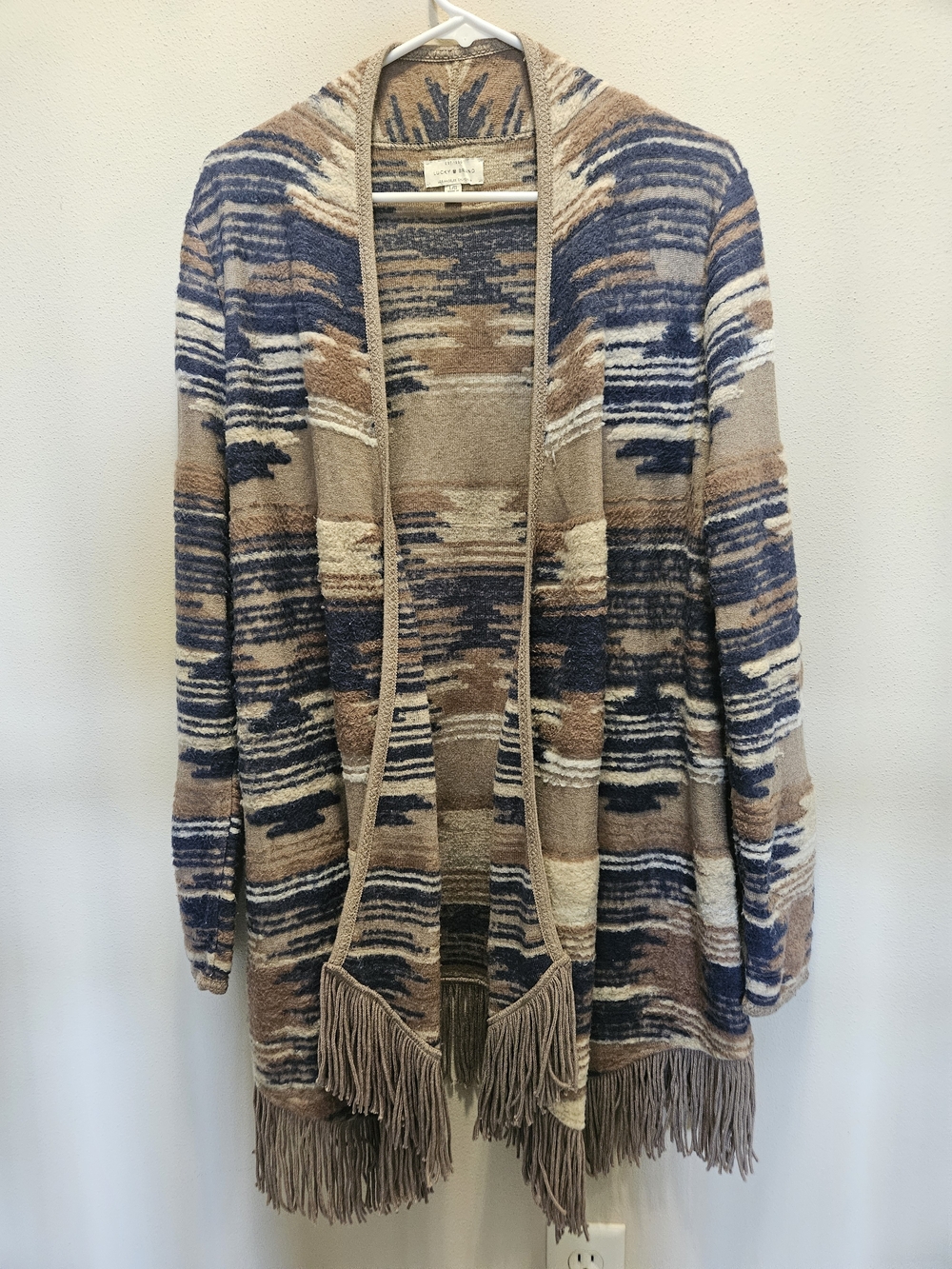 Lucky Brand Blue & Tan Fringe Open-Front Cardigan